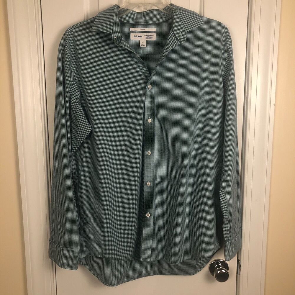 Old Navy Shirt Mens Size XL Slim Fit Green Gingham 97% Cotton No Wrinkle Stretch
